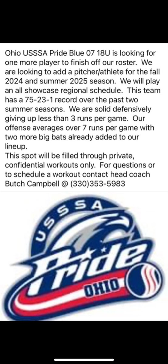 🚨USSSA Pride Blue 18u is looking to fill one more spot!! 🚨

Please share and/or reach out for a private workout!!

More information below ⬇️⬇️⬇️