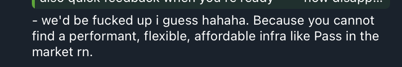 I run a structured discovery/synthesis cycle at <a href="/0xpass_io/">0xPass</a> every couple weeks to track our "PMF score".  

Asked a customer what they'd feel like if Passport no longer existed. Here's what they had to say 

Bullish??