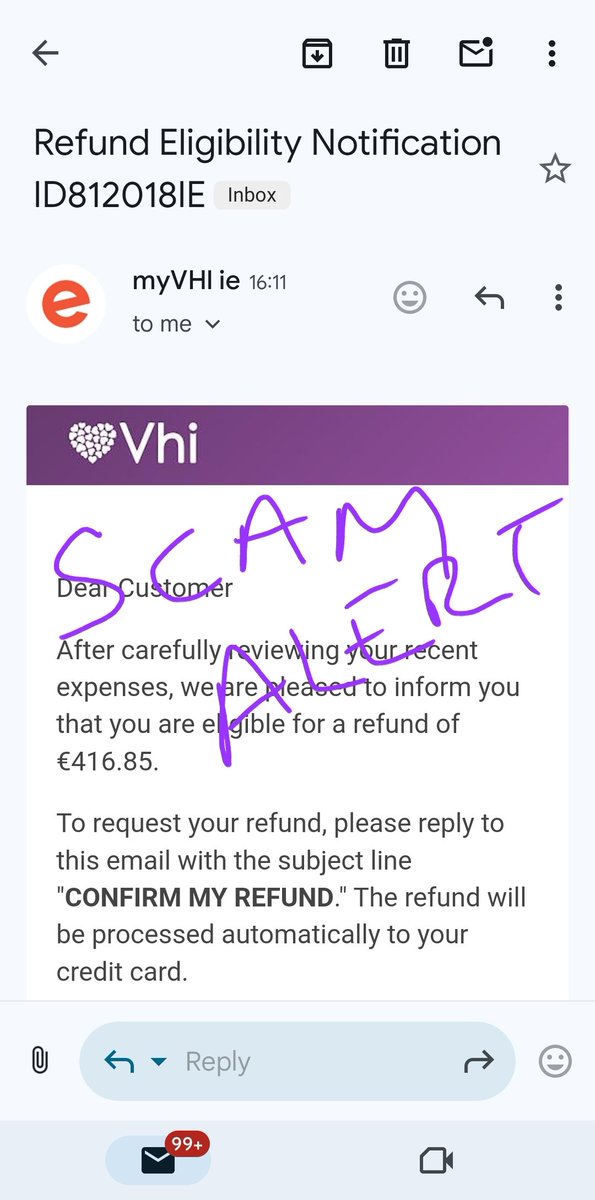 Just got this scam email pertaining to be from VHI. I'm not a customer, but many are and may be tricked by it. Be vigilant! #VHIhealthcare