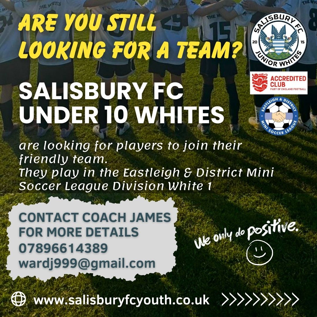 Salisbury FC Youth (@sfc_youth) on Twitter photo Salisbury FC U10 Whites are still looking for a few more players.
⚽️⚽️⚽️⚽️⚽️⚽️⚽️⚽️⚽️⚽️⚽️⚽️⚽️⚽️
Contact Coach James on 07896 614389 to book your place in one of the OPEN TRAINING SESSIONS
⚽️⚽️⚽️⚽️⚽️⚽️⚽️⚽️⚽️⚽️⚽️⚽️⚽️⚽️
<a href="/SalisburyFC/">Salisbury FC</a> <a href="/WiltshireFA/">Wiltshire FA</a> <a href="/edmslorg/">EDMSL</a> Salisbury FC U10 Whites are still looking for a few more players.
⚽️⚽️⚽️⚽️⚽️⚽️⚽️⚽️⚽️⚽️⚽️⚽️⚽️⚽️
Contact Coach James on 07896 614389 to book your place in one of the OPEN TRAINING SESSIONS
⚽️⚽️⚽️⚽️⚽️⚽️⚽️⚽️⚽️⚽️⚽️⚽️⚽️⚽️
<a href="/SalisburyFC/">Salisbury FC</a> <a href="/WiltshireFA/">Wiltshire FA</a> <a href="/edmslorg/">EDMSL</a>
