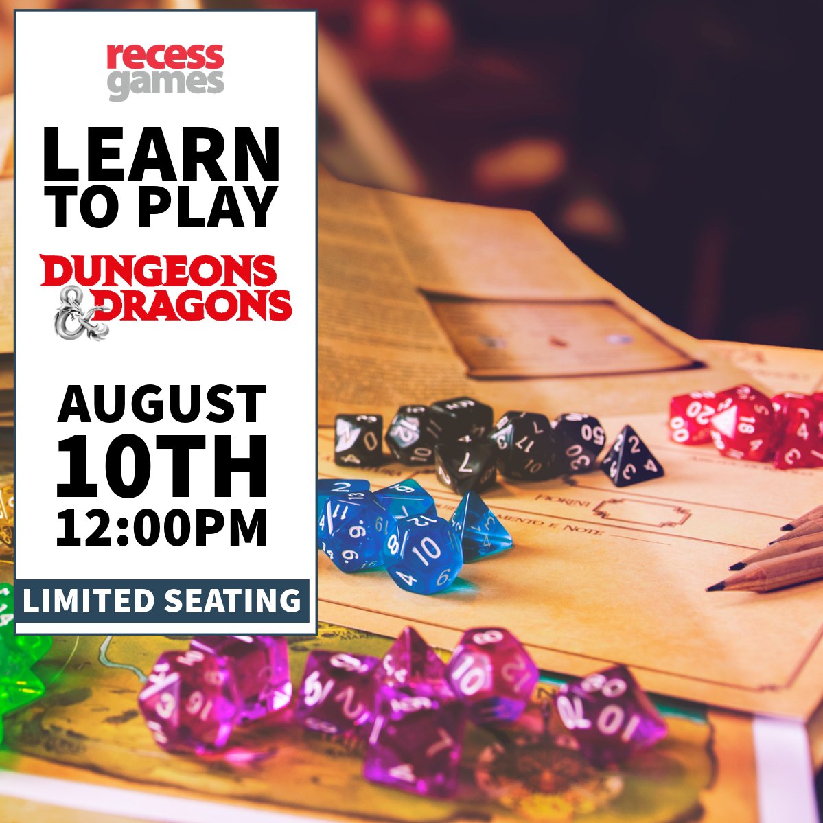 Ready for an adventure? Join us at Recess and learn to play D&amp;D from our expert Dungeon Masters! 

Our one-shot sessions will teach you the basics while providing character sheets and dice. We've even grouped players by age for the best experience. 

tinyurl.com/RGLearnDnD