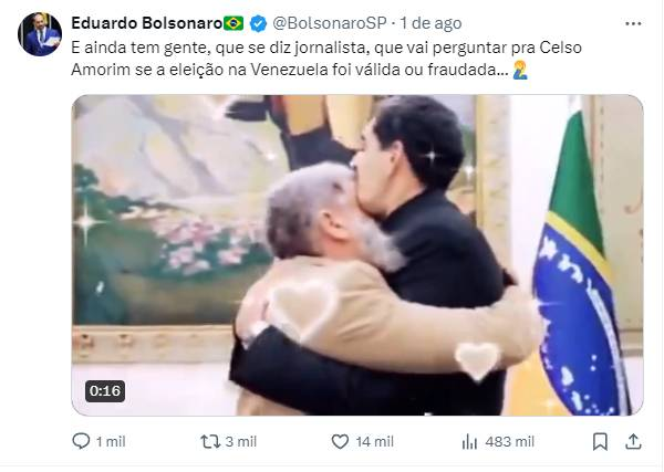 Filho do ex-presidente Bolsonaro, Eduardo Bolsonaro, posta um vídeo falso utilizando IA no Twitter. Os usuários colocam uma notas da comunidade alertando que era um vídeo falso, mas, misteriosamente, a nota some após algumas horas.

Elon Musk, que está alinhado à extrema-direita,