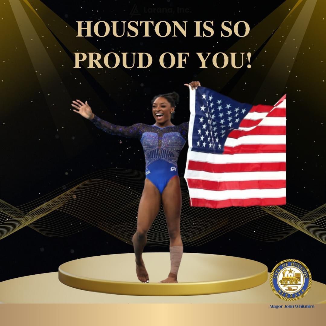 houmayor's tweet image. Congratulations to our very own Simone Biles for making history once again and winning the gold in the All-Around Women's gymnastics! Your dedication, talent, and perseverance continue to inspire us all. Houston is incredibly proud of you! #houston #SimoneBiles #HoustonProud