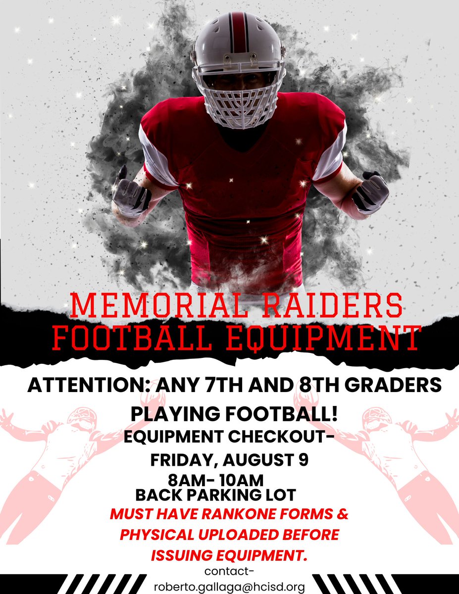 Attention 7th &amp; 8th grade football players! 🏈

Equipment checkout is Friday, August 9th, 8 AM to 10 AM in the back parking lot. 🚗

**Important:** Students must have RankOne forms &amp; physicals uploaded before equipment will be issued. 📋🩺
