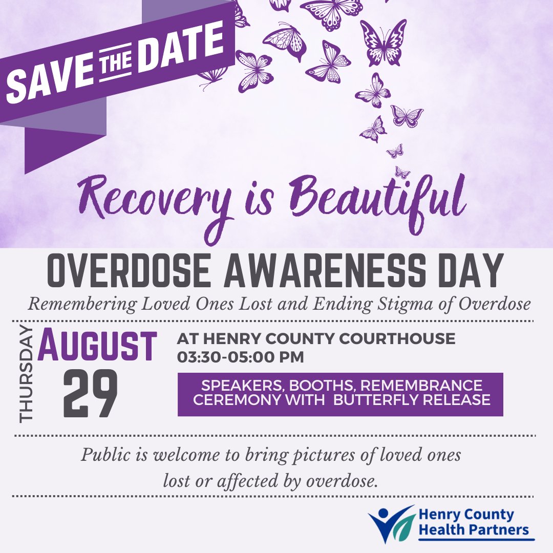 HenryCountyHD's tweet photo. SAVE THE DATE! Join us for Overdose Awareness Day. More details to come! Check out our event page for all the latest updates: https://t.co/7BQ3p1Nudi https://t.co/ErdRT4nv3e