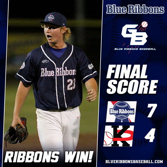 Austin Grube was dominant in relief and the Blue Ribbons rallied with two runs in the fifth to tie the game, before putting up three in the eighth to notch a 7-4 win. Wilson Zuck had two hits and a game-saving catch in the bottom of the seventh &amp; James Bornick also added two hits
