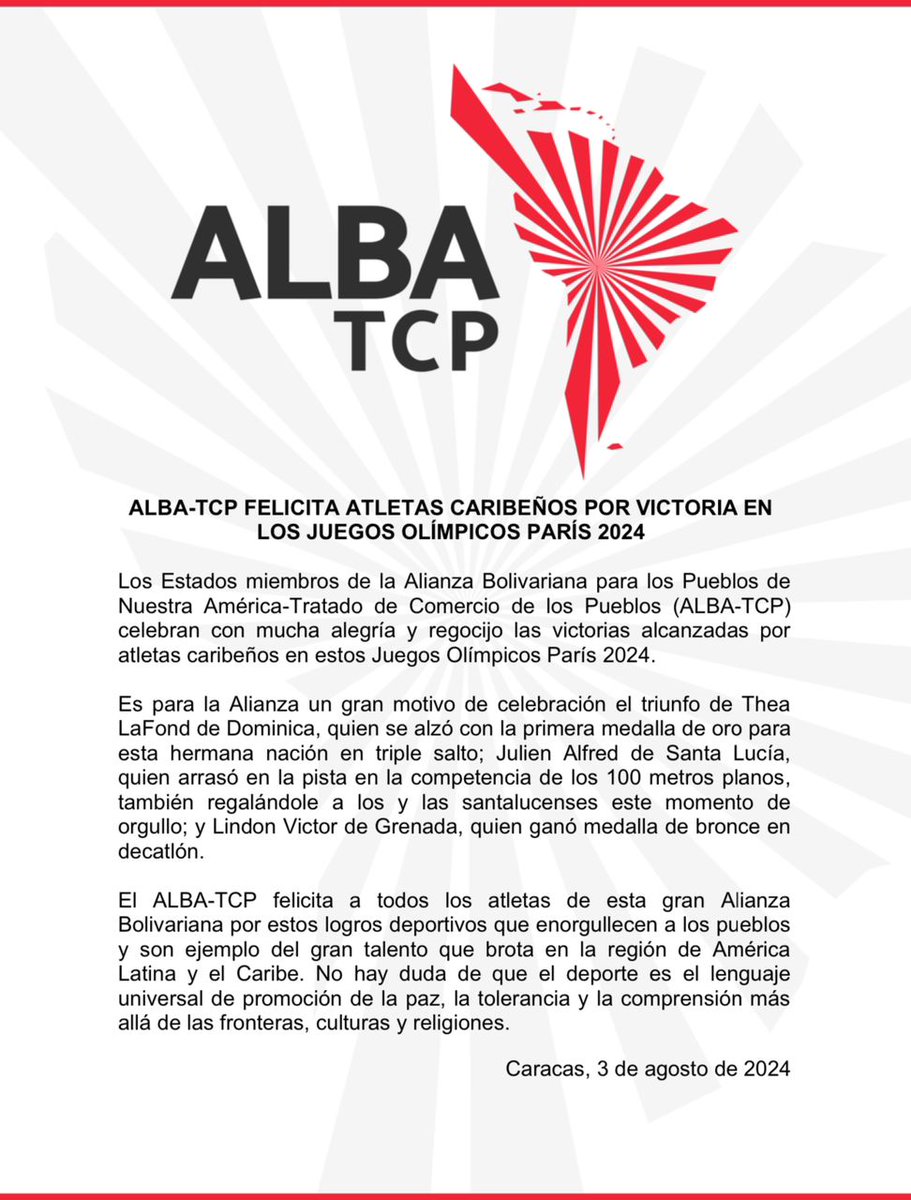 Los Estados miembros de <a href="/ALBATCP/">ALBA</a> celebran con mucha alegría y regocijo las victorias alcanzadas por atletas caribeños en estos Juegos Olímpicos París 2024.

Medallistas olímpicos:
Thea LaFond. Dominica 🇩🇲 🏅 Julien Alfred. Santa Lucía 🇱🇨🏅 Lindon Victor. Grenada 🇬🇩 🥉