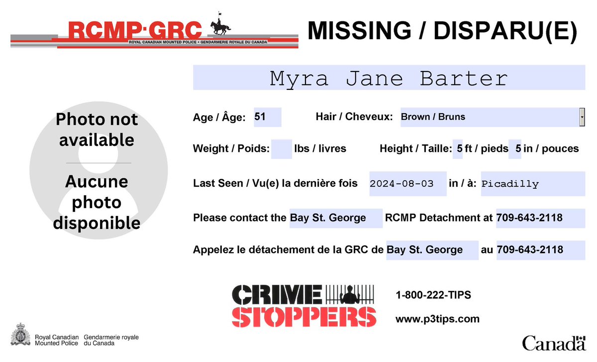 RCMPNL's tweet photo. Bay St. George RCMP is seeking the public’s assistance in locating missing person Myra Jane Barter of Picadilly, who was last seen in the community today at noon. Please call the Detachment if you have any information on her location: 709-643-2118. https://t.co/hWoAlcHwTn