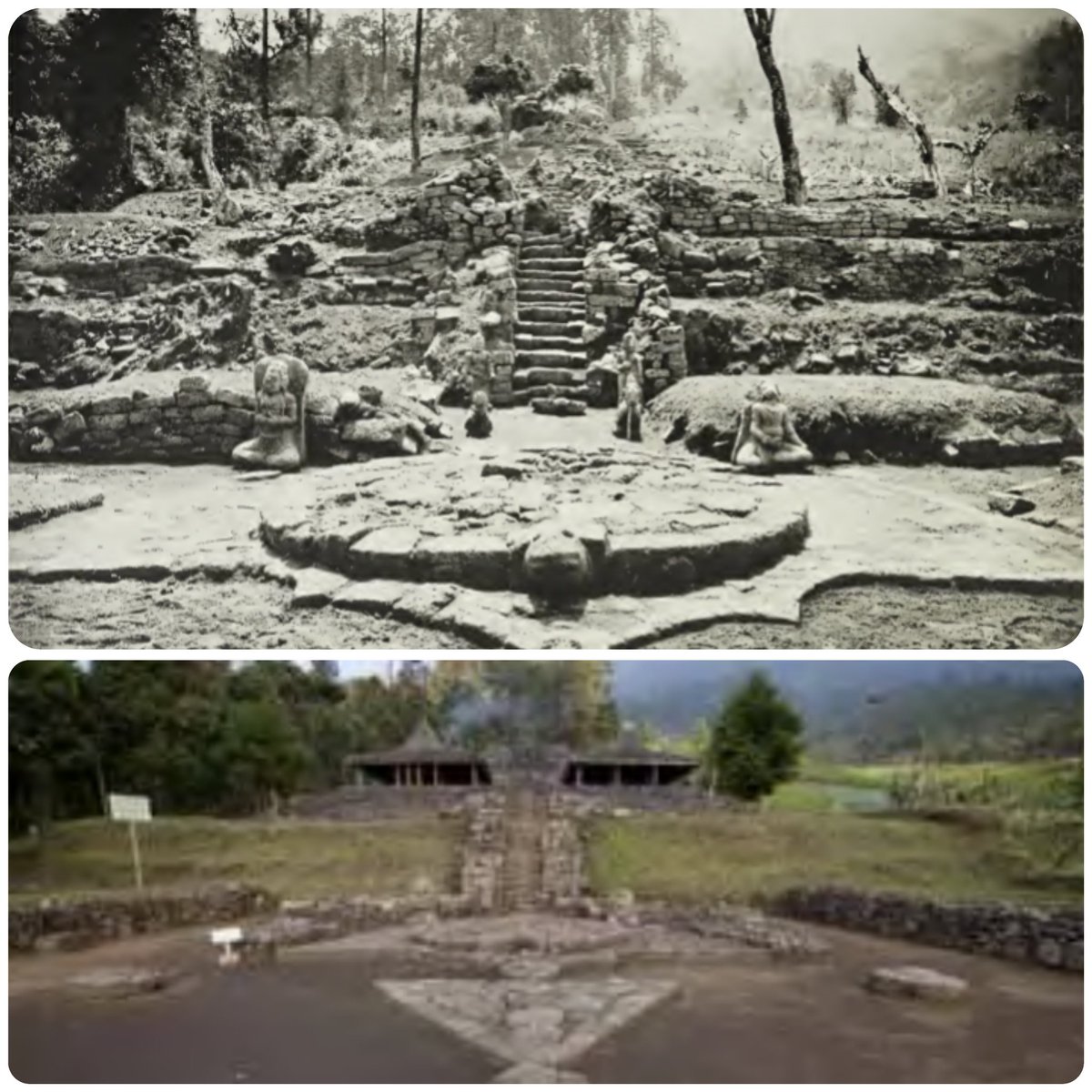 motherlander's tweet photo. Candi Cetho. Antara hasil ekskavasi Dinas Purbakala ~1928, dan hasil pemugaran sepihak berdasarkan wangsit paranormal Presiden Soeharto ~1978 https://t.co/sgG1Z44DRr
