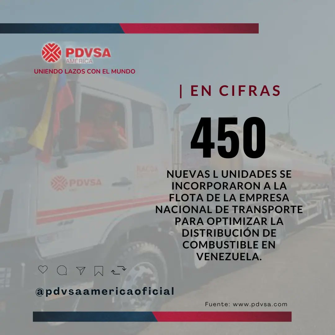 📈 EN CIFRAS | Venezuela mantiene flotas de transportes en movimiento para garantizar el suministro de combustible.

🇻🇪🛢️¡PDVSA AMÉRICA, uniendo lazos con el mundo!