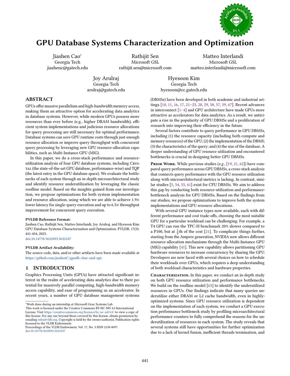 Vol:17 No:3 → GPU Database Systems Characterization and Optimization vldb.org/pvldb/vol17/p4…