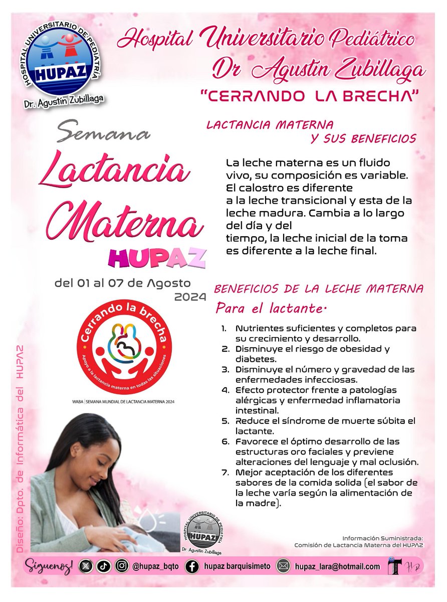 La leche materna tiene muchos beneficios para el lactante entre ellos tiene un efecto protector frente a patologías alérgicas y enfermedad inflamatoria intestinal.
del  #01Ago al #07Ago la semana de #LactanciaMaterna. 
DraMiriamLucena <a href="/cistica/">Miriam Lucena</a> 
<a href="/Gobierno_deLara/">Gobiernodelara</a> 
@SPPS__Lara
