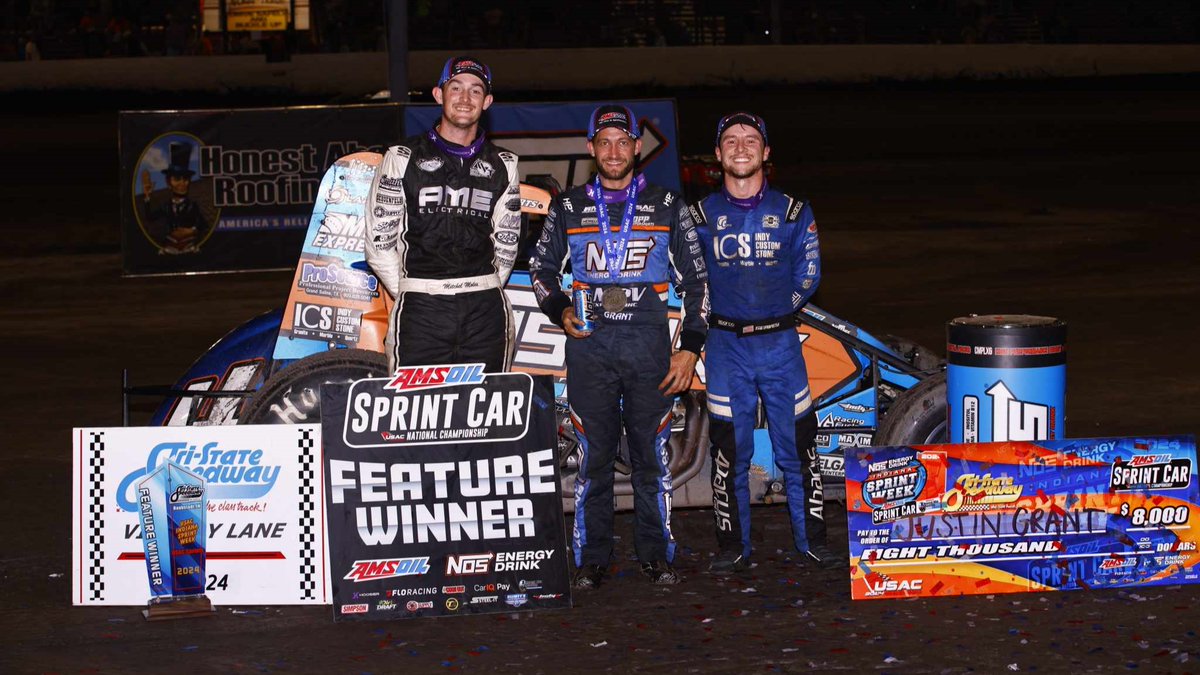 USACNation's tweet photo. California Crew. 🌞

Tonight's top-3 USAC @AMSOILINC National Sprint Car feature finishers at @TSS_Haubstadt.

🥇 @JustinGrant40 (10th career ISW win - ranks 4th all-time)

🥈 @mitchelmoles01 (Led 2 laps)

🥉 @Logan_Seavey (Extends #ISW24 point lead from 38 to 46)

📸 @rkfphoto98 https://t.co/v10mfuWkCB