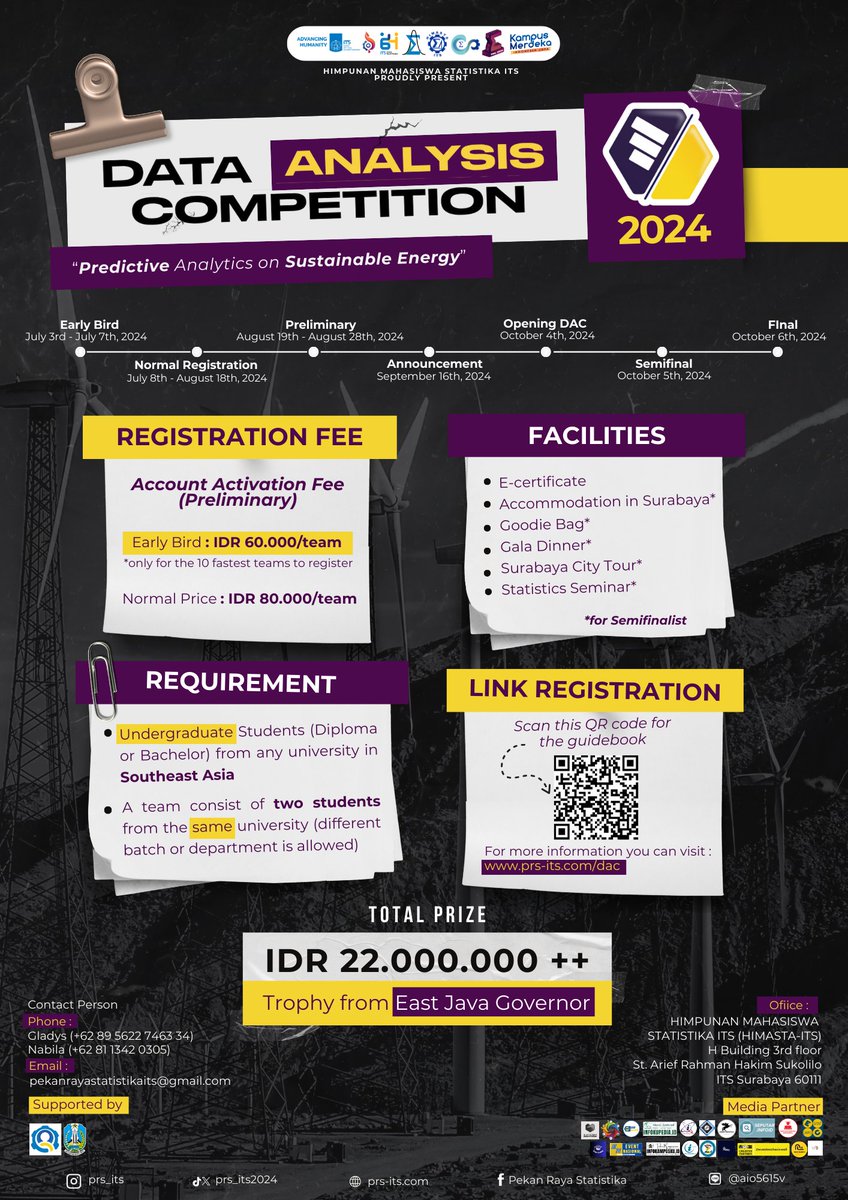 ipb_menfess's tweet photo. ✨OPEN REGISTRATION FOR DAC 2024✨

Hello, Future Scientists! 👋🏻🧑‍💻

We are thrilled to announce and invite all undergraduate students to participate in the "Data Analysis Competition (DAC) 2024". DAC 2024 is a part of Pekan Raya Statistika 2024 and designed for undergraduate students from across Southeast Asia to showcase their skills in data analysis.

📅 Registration: 3rd July - 18th August 2024

DAC 2024 offers exceptional opportunities for semifinalists to visit Indonesia and explore Surabaya City. Additionally, semifinalists can enjoy other benefits such as Goodie Bag, Gala Dinner with a total prize 22 MILLION RUPIAH ‼

Don’t wait to register because the early bird promo is only for the 10 fastest teams ❕🏃🏃‍♀💨

For more detailed information, please visit our official website at https://t.co/RUt9YMiTk1

We would be delighted if you could share this information fellow students on your campus 🤗

Contact Persons:
Gladys (+62)895622746334
Nabila (+62)8113420305

Connect with us through our instagram:
https://t.co/vwfNkek0Hz

#PRS2024
#DAC2024
#DiscoverAdaptCompete
#ANewEraofInnovation