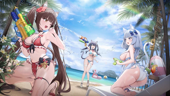 [캣 판타지xNEKOPARA] 콜라보를 축하합니다!한여름 무더위를 날려버릴 시원한 그림을 그려봤습니다쇼콜라, 바닐라 그리고 린! 고양이 소녀들에게 둘러싸여 시원한 물총 놀이를 즐겨보세요~!  #캣판타지xNEKOPARA #캣판타지 #고양이소녀의판타지한주방 
