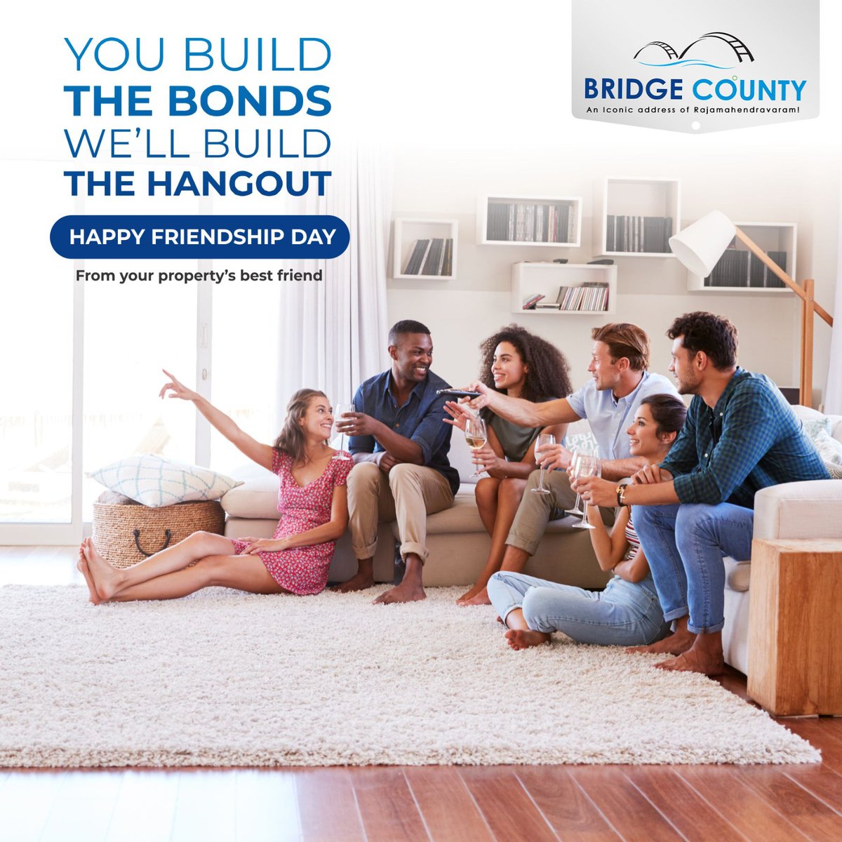 bridgecounty's tweet photo. YOU BUILD THE BONDS 
WE'LL BUILD THE HANGOUT
HAPPY FRIENDSHIP DAY
From your property's best friend.
#FriendshipDay2024 #BridgeCounty #RealEstate #FlatsForSale #FlatsForSaleInRajahmundry https://t.co/7hyxnph8mw