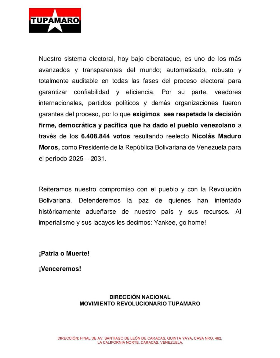 El Movimiento Revolucionario TUPAMARO. Rechaza contundente las declaraciones del Secretario de Estado de #EEUU.  Antony Blinklen. Al igual que los actos realizados por la derecha fascista. 
Ganó la Paz.

#PaísDeOchoEstrellas