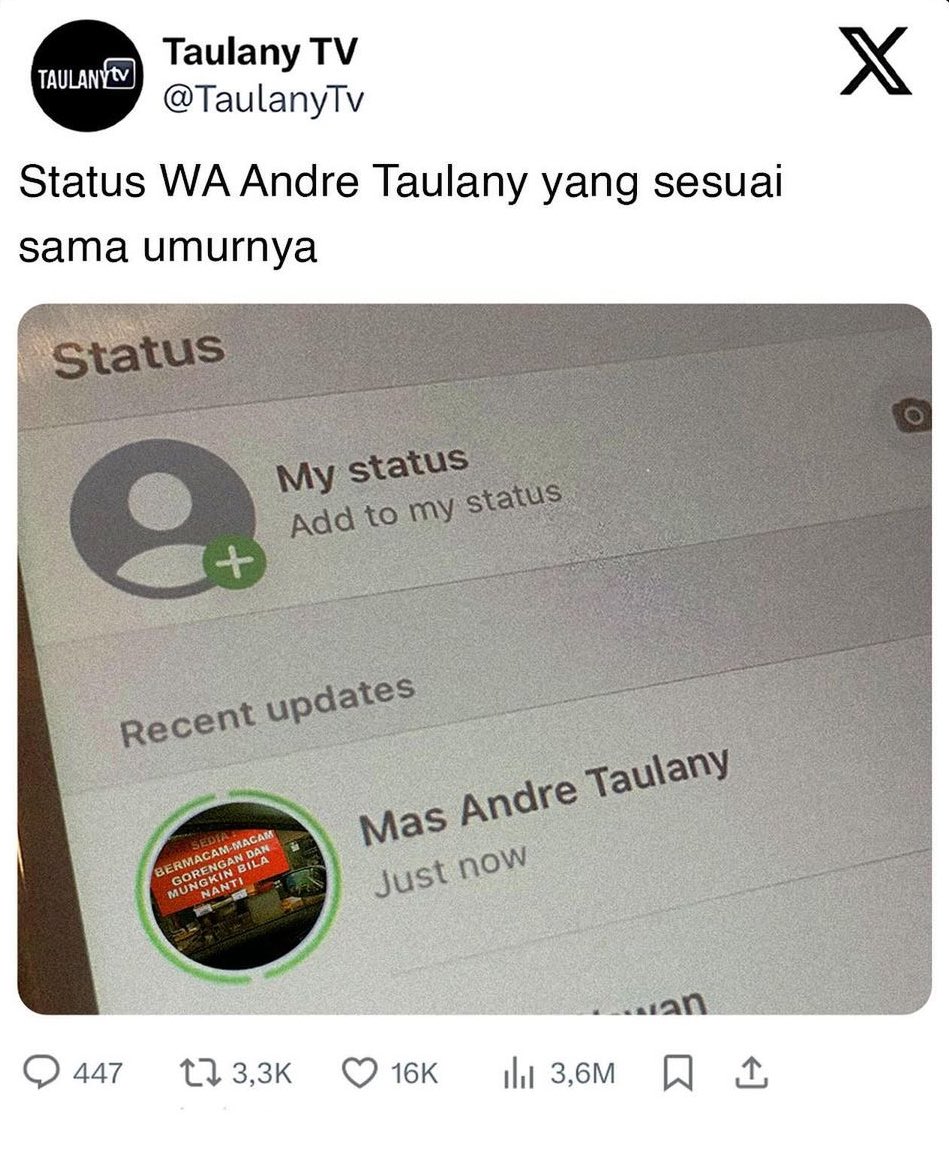 Kumpulan Status WA Andre Taulany bikin ngakak😭

Bacanya sambil ngebayangin pak haji yang ngomong makin kesel🥹