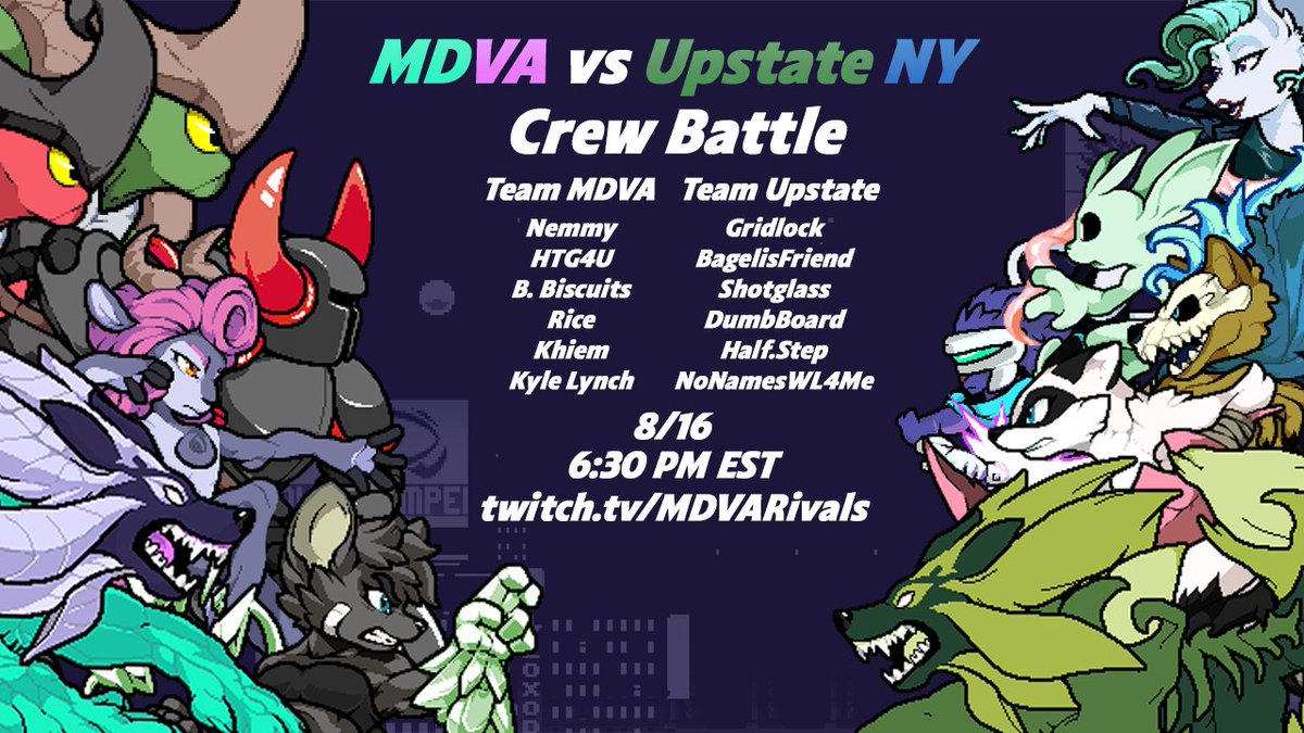 It’s time for another crew battle! MDVA is teaming up this time to take on <a href="/UpstateRivals/">Upstate NY Rivals of Aether</a> ! Will the home team be able to defend the region from the invaders to the North?

(reupload due to typo in graphic)