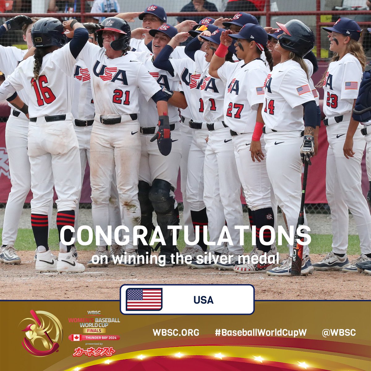 WBSC โพ๐ฅ (@wbsc) on Twitter photo ๐ฅ๐บ๐ธ Congratulations to USA on winning the Silver Medal!
๐ 2024 WBSC Women's Baseball World Cup Finals presented by CARNEXT
#BaseballWorldCupW ๐ฅ๐บ๐ธ Congratulations to USA on winning the Silver Medal!
๐ 2024 WBSC Women's Baseball World Cup Finals presented by CARNEXT
#BaseballWorldCupW