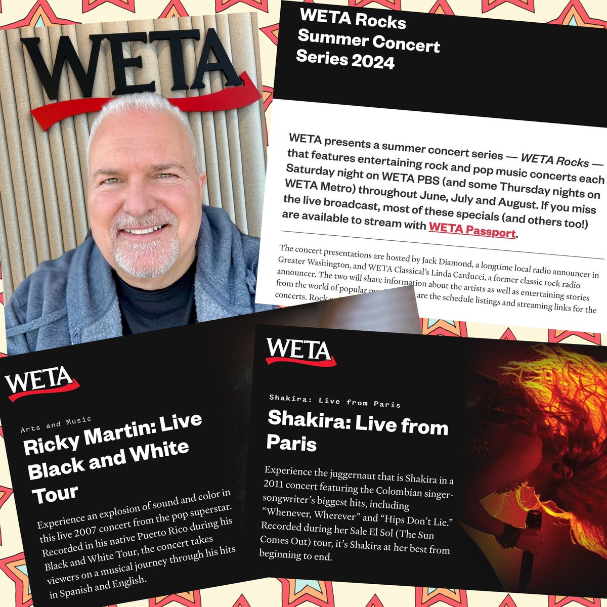 JackDiamond's tweet image. Recording the Olympics and you’d like to get your Latin groove on? Have I got two concerts for you tonight! First at 9 o’clock on WETA, join me and my friend Linda Carducci as we host  Shakira! Live from Paris! And at 10:30 Ricky Martin: Live Black And White Tour! @wetatvfm