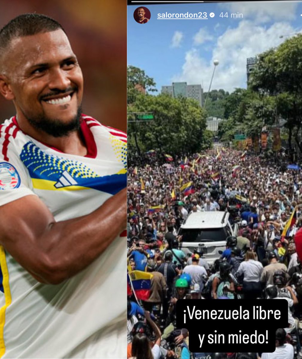 “𝗩𝗘𝗡𝗘𝗭𝗨𝗘𝗟𝗔 𝗟𝗜𝗕𝗥𝗘 𝗬 𝗦𝗜𝗡 𝗠𝗜𝗘𝗗𝗢"

Salomón Rondón compartió una de las imágenes de la masiva movilización del pueblo venezolano en Las Mercedes.