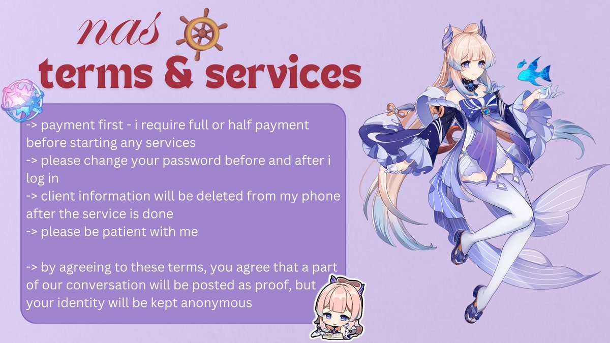 hello! burnt out or need help in genshin? below are my prices and terms! prices are very negotiable

fill out the form or dm me to avail (:

♡ / ↻ are appreciated!