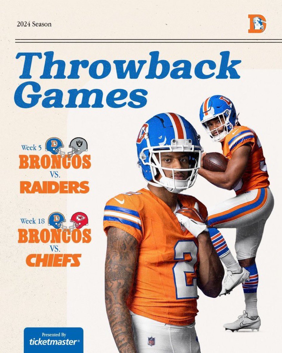 Broncos will debut their throwback jerseys in Week 5 against the Raiders, then wear them again in Week 18 when they host the Chiefs.