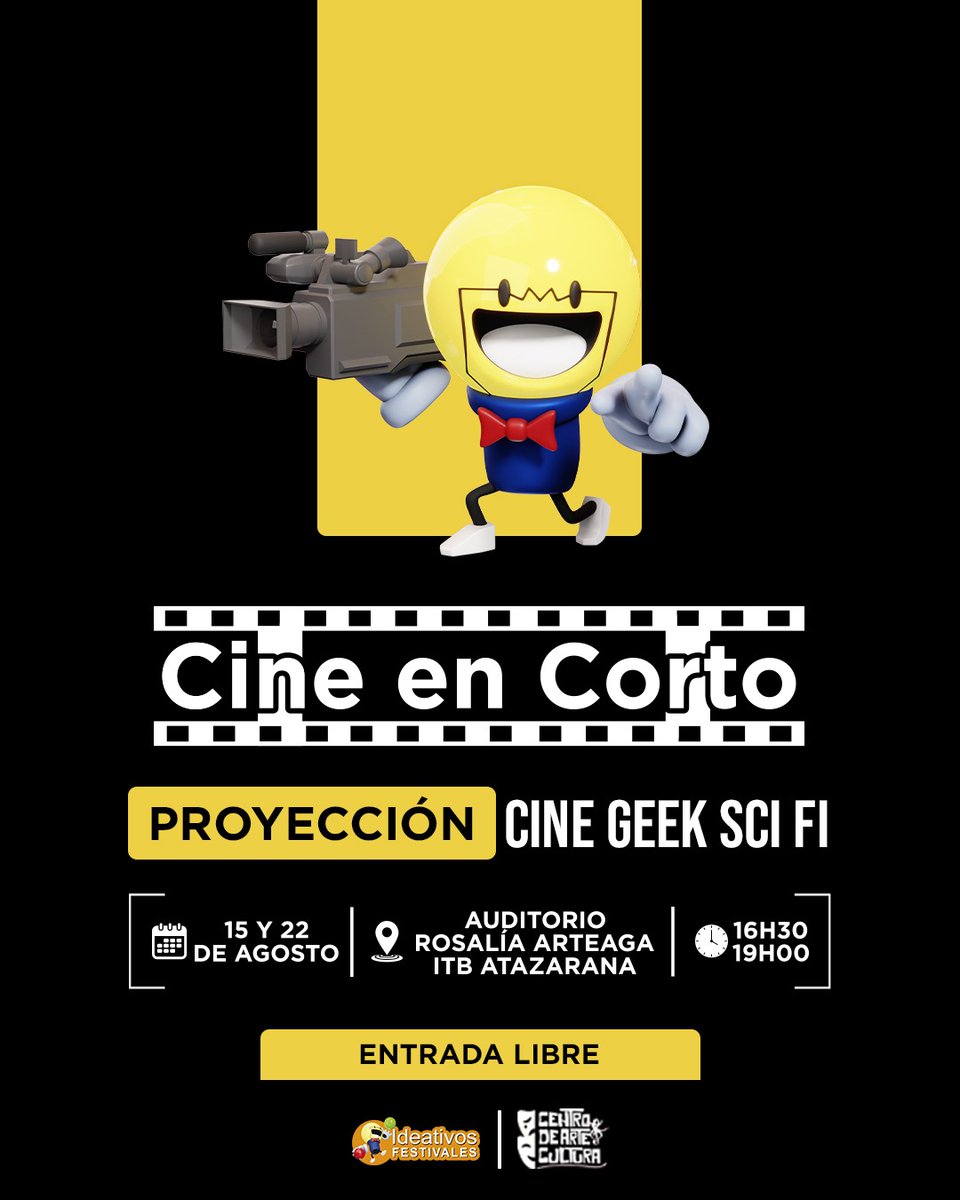 Ideativos Festivales y la Dirección de Arte y cultura del Instituto Superior Bolivariano, proyectará una serie de películas del género geek y sci fi que se han convertido parte de la cultura popular; acompañados de expertos en el tema te esperamos este 15 y 22 de agosto.😎
