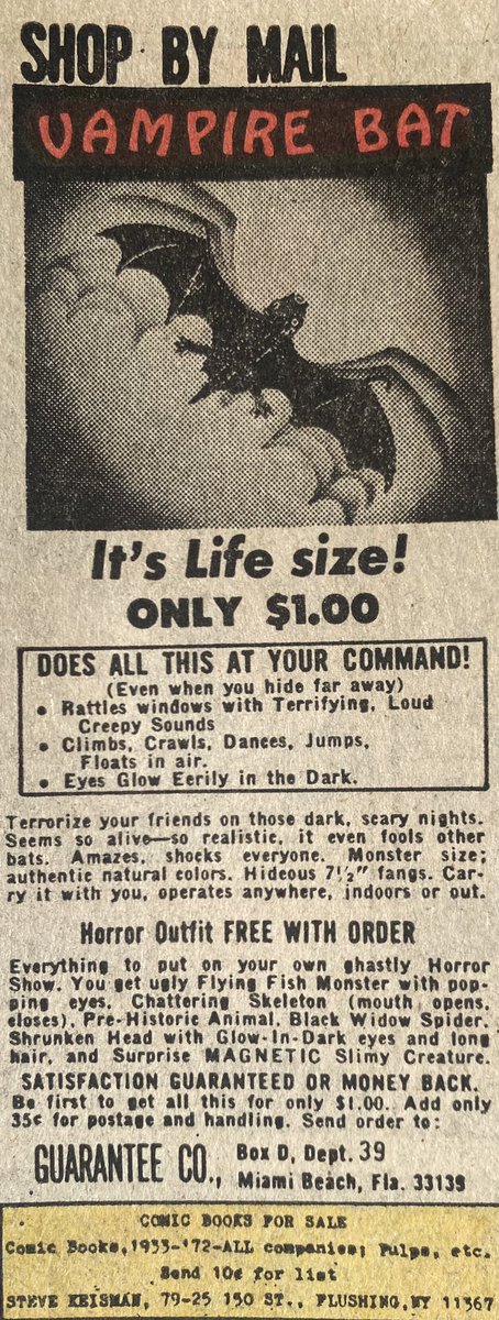 magictoasterfi1's tweet photo. Terrorize your friends on those dark and scary nights with your very own vampire bat! Seems so realistic it even fools other bats!
#captaincompany #monsterkid #70snovelty #comicbookad #funfactory #funhouse #johnsonsmith https://t.co/TPm0dZ4Bpo