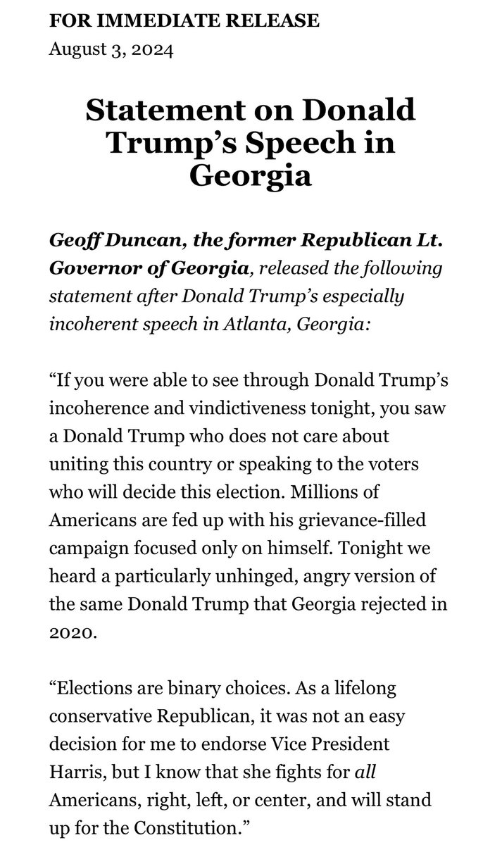 MeidasTouch's tweet image. WOW!

Geoff Duncan, the former Republican Lt. Governor of Georgia, just released a powerful statement on behalf of the Harris campaign following Trump’s disastrous speech in Atlanta.