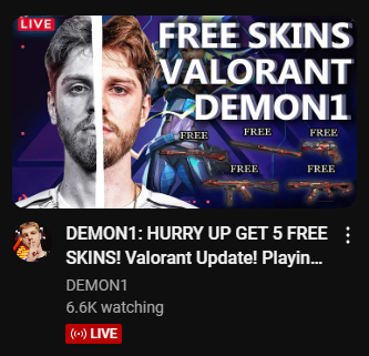 AidenSPhan's tweet photo. 🚨 THERE IS A FAKE DEMON1 CHANNEL STILL LIVESTREAMING ON YOUTUBE SCAMMING PEOPLE FOR FAKE SKINS! Do NOT be fooled and give them your info. I'm really not sure how it's still up but if you see it, PLEASE report the channel for "spam and misleading scam". RT to save an account 🚨 https://t.co/uHXYiDTfPt