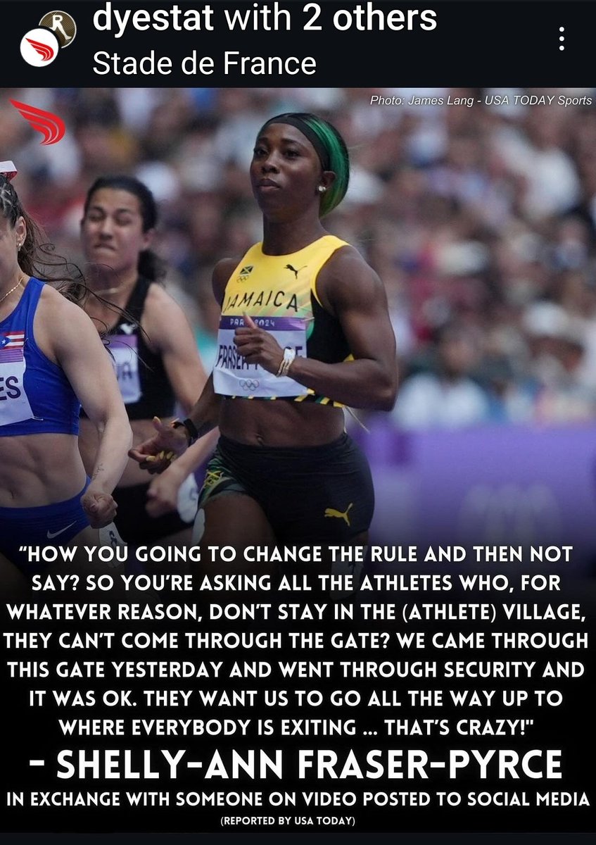 TonyRayHarvey's tweet photo. 👀
DYESTAT reports that Shelly-Ann Fraser-Pyrce and Sha'Carri Richardson were not allowed in the warmup area before 100m semi-final. SAFP also sustained an injury causing her to pull out of race.
@usatf #OlympicGames #Jamaica #USATrackAndField
#Paris2024Olympics #Paris2024 https://t.co/zttl2MJVgC