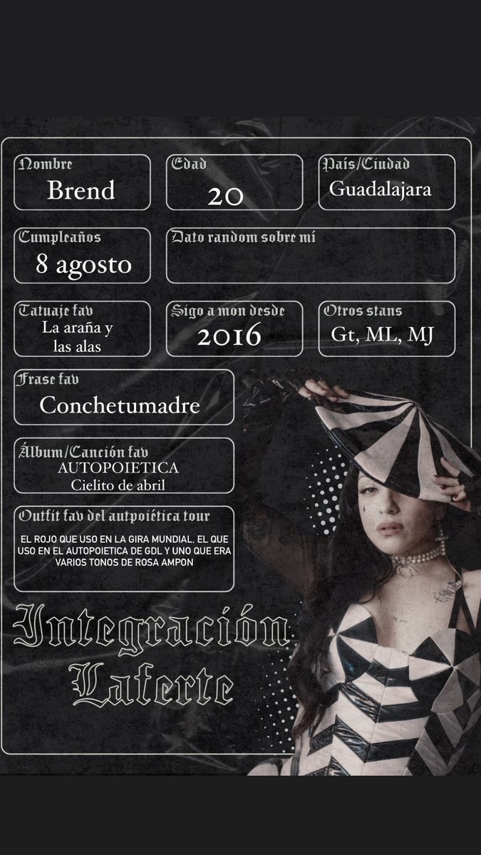 brendfigue2004's tweet photo. Hola a todxs soy Brend,esta es mi integración n.(la neta ya perdí la cuenta) 
Pero bueno,sigo a Mon desde el 2016 e tenido la fortuna de conocerla,y hacer mil desmadres solo por ella jaja 
Háblenme más no muerdo, 
y mi sueño mas grande es cantar con la patrona #IntegracionLaferte https://t.co/HbpA7Wo6wf