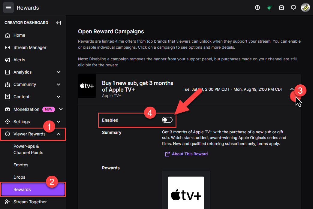 How to disable the annoying Twitch reward alerts for Apple TV+ 👇

From your Creator Dashboard:
1) Click "Viewer Rewards"
2) Click "Rewards"
3) Expand the Apple TV+ reward
4) Toggle the "Enabled" box

Chatters will no longer get the pop-up that covers your chat / pinned messages!