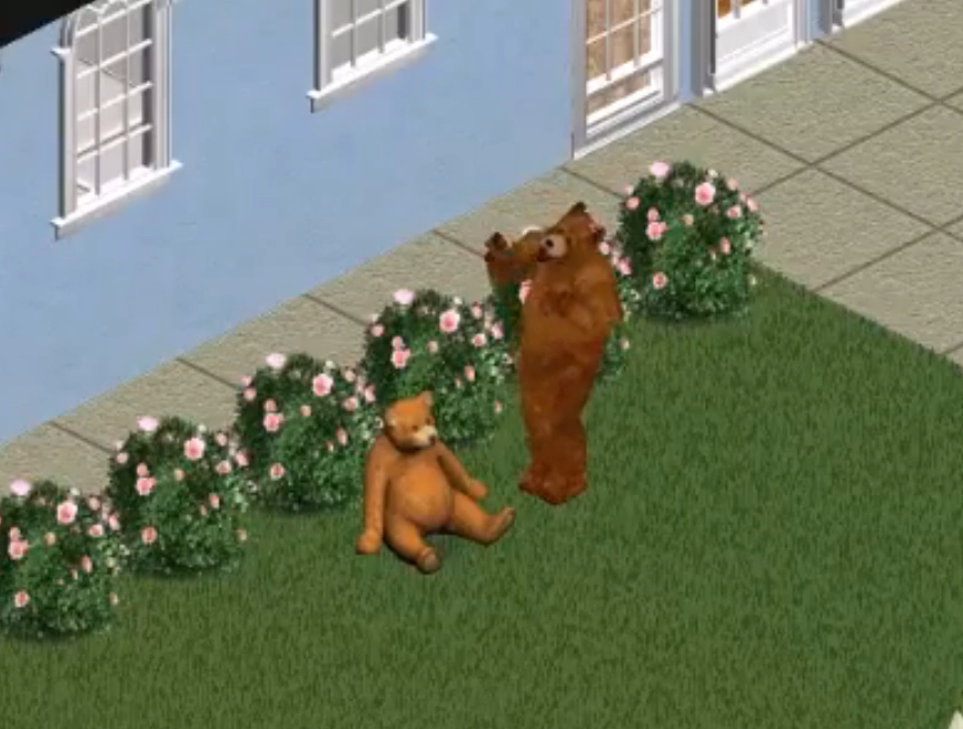 Fun fact: The sad bear in Ciudad Enamorada from The Sims 4 Lovestruck will talk to a teddy bear and cry when he sees the bear rug, which is a nice callback to Claire the Bear from The Sims 1 Hot Date.