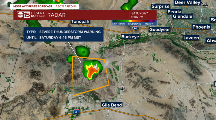 Severe Thunderstorm Warning for Painted Rock Dam just west of 85 between Buckeye and Gila Bend until 6:45 p.m. <a href="/abc15/">ABC15 Arizona</a>