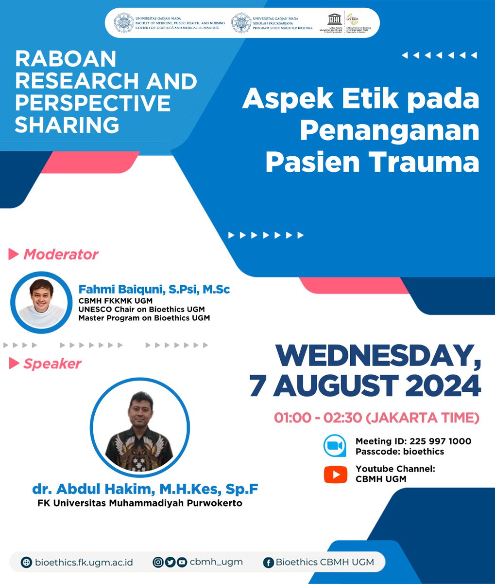 cbmh_ugm's tweet photo. Aspek etik pada penanganan pasien trauma sangat penting untuk diketahui untuk memastikan hak dan martabat pasien dihormati dalam situasi kritis dan penuh dilema. Apa permasalahan dilema etik saat menangani pasien trauma, dan bagaimanakah penyelesaian saat terjadi dilema etis? https://t.co/pbiCgcuE53
