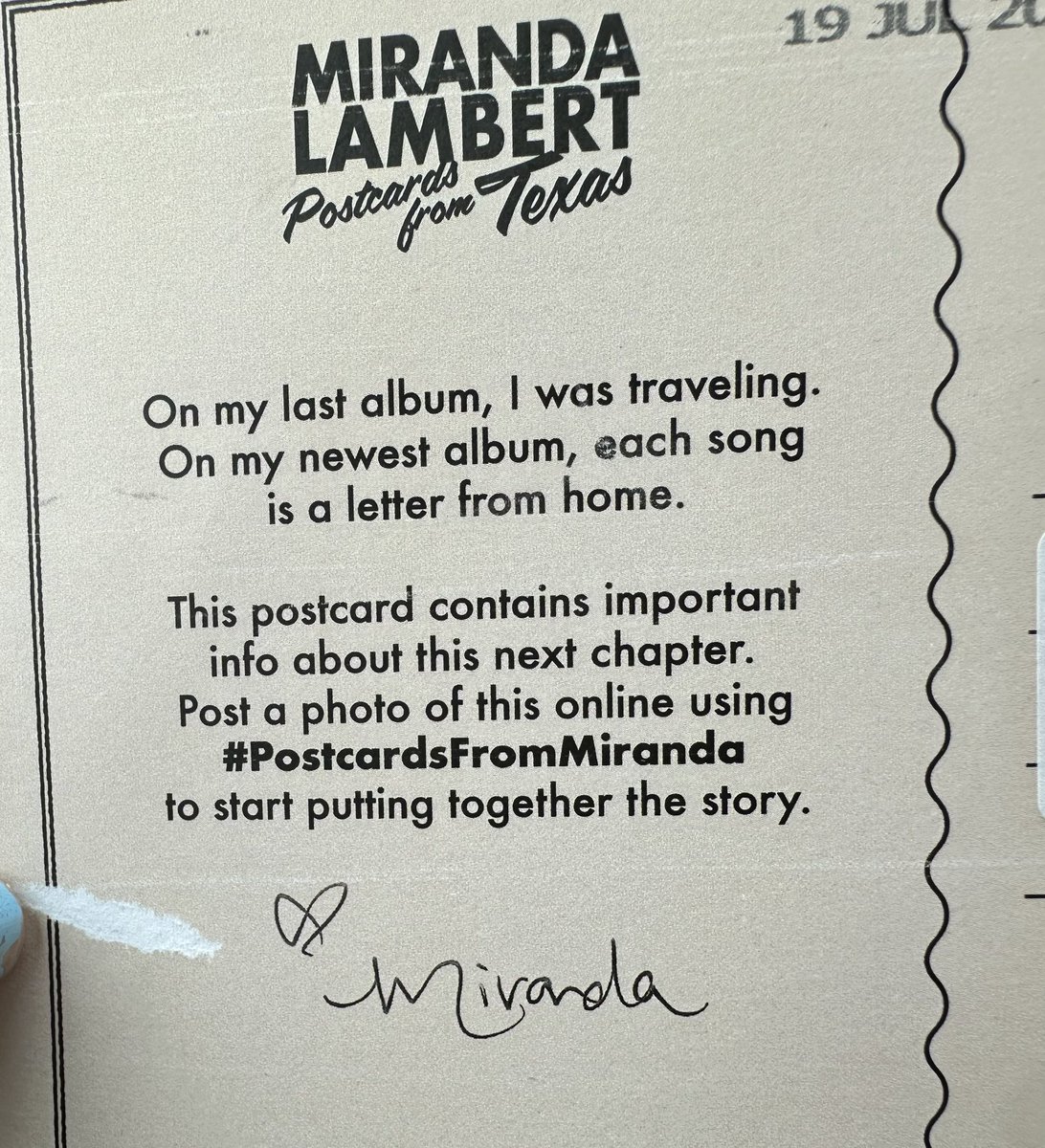 Ericajoy721's tweet photo. Late post but I was so excited to receive this from my favorite country singer @mirandalambert . I’m looking forward to the new album! #PostcardsFromMiranda https://t.co/USSJu4J7d7