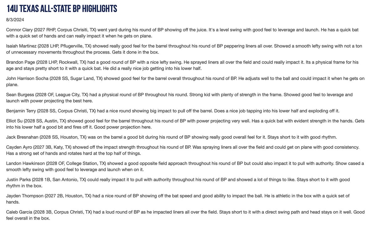Batting Practice highlights from the 14U Texas All-State Games. Check out this blog and the rest of the Scout Blogs from the #TXAllState at perfectgame.org/Events/EventBl…