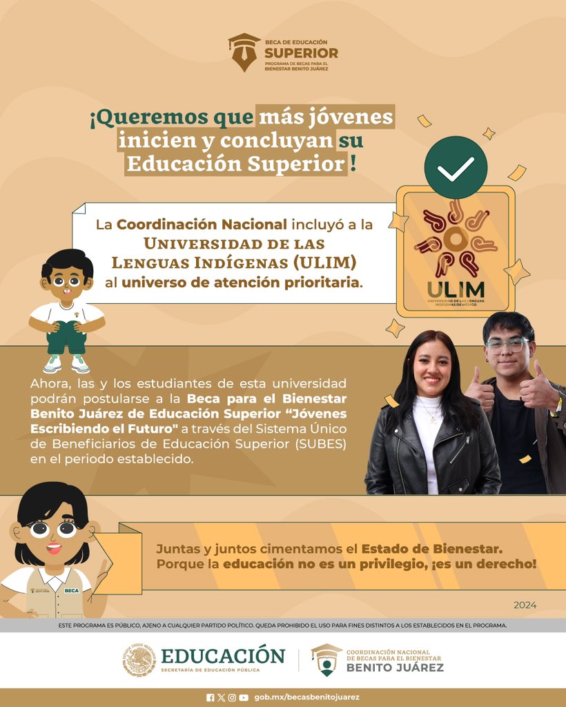 BecasBenito's tweet photo. ¿Estudias o acabas de ingresar a la Universidad de las Lenguas Indígenas #ULIM?
¡Tenemos muy buenas noticias para ti! 👇🤩
Más info sobre la Beca de Educación #Superior 🎓 en esta página: https://t.co/bPSZL0q9gQ https://t.co/dFEBMmeXok