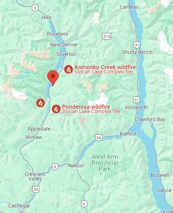 DriveBC's tweet photo. ⛔️#BCHwy6 - the road is closed between Red Mountain Rd and Popou Rd due to wildfire activity.
There's no estimated time of reopening.
Detour via #BCHwy31A, #BCHwy31 or #BCHwy3A.
#SilvertonBC #Slocan
ℹ️https://t.co/WQLZrCctMP https://t.co/og7VL4imkH