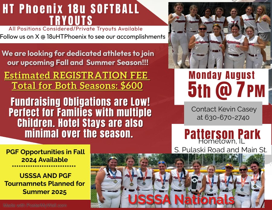 <a href="/18uHTPhoenix/">Hometown Phoenix 18U Softball</a> <a href="/kevincasey24/">Kevin</a> <a href="/sedls04/">Sedls04</a>
Come to this tryout date if you are still looking for a spot on a competitive and talented team! Limited spots available to add to our returning roster. Contact info included if alternate or private tryouts is needed!