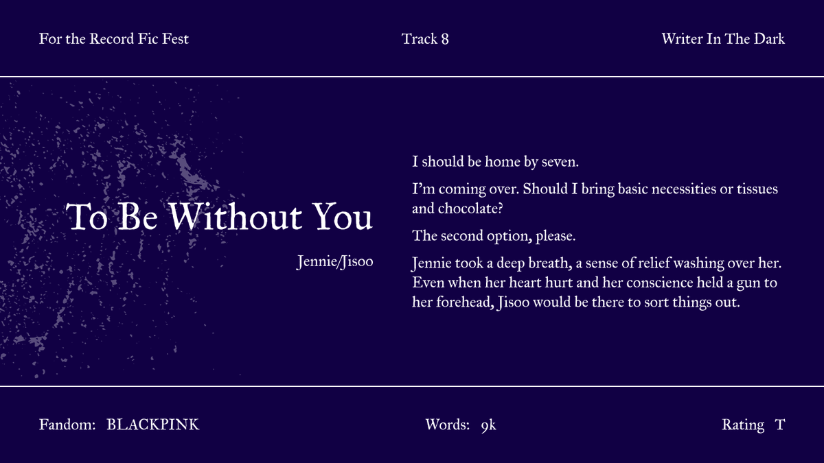 ftr_ficfest's tweet photo. To Be Without You
▷ writer in the dark
▷ blackpink
▷ jennie/jisoo
▷ rating: t
https://t.co/Kgqs9CFPJL https://t.co/J9HCojFxkb