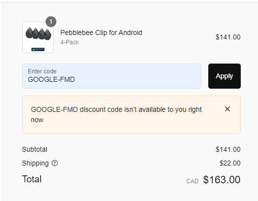 aaron_heinrich's tweet photo. @pebblebee This is just a brutal price. Its Canada, literally a few hundred miles north of you, not half way around the world! https://t.co/bHtoudKZG7