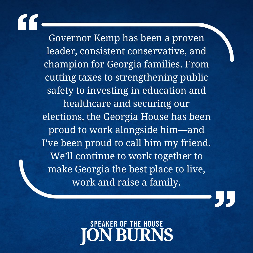 JonBurnsGA's tweet photo. The Georgia House has been proud to work alongside @GovKemp—and I’ve been proud to call him my friend. We’ll continue to work together to make Georgia the best place to live, work and raise a family. https://t.co/868fb6uK2k