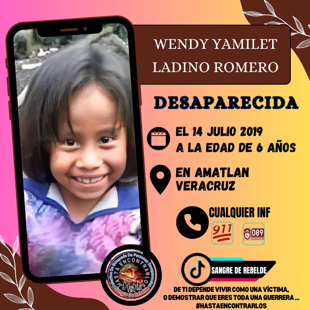 #TeBuscamosWendyYamiletLadinoRomero 
#Desaparecida el 16/07/2019
en #AmatlánDeLosReyes  #Veracruz 
Via <a href="/ElviraA31764306/">Elvira Andrade</a>
#RTsSolidarios 
<a href="/sangrederebelde/">🇲🇽 Colectivo De Búsqueda SangreDeRebelde🇲🇽</a>