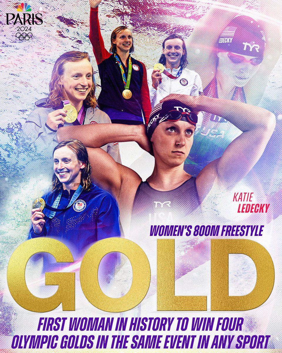 NBCOlympics's tweet photo. LEGENDECKY!!! KATIE LEDECKY MAKES MORE HISTORY AT THE #PARISOLYMPICS! 🥇 https://t.co/S1HhMhoZQh