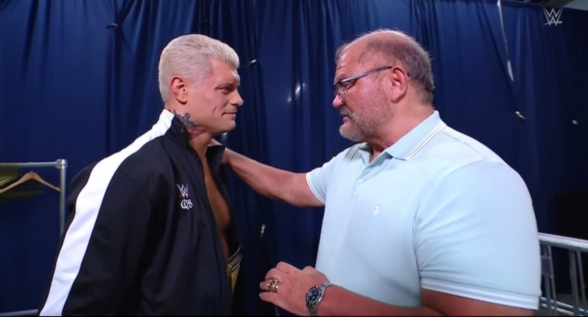 WrestleOps's tweet photo. Arn Anderson tells Cody Rhodes that he used his influence to get Cody some friends and some he doesn’t know about, and they’re on their way if need be 👀

#SummerSlam https://t.co/GyPuuu24Es