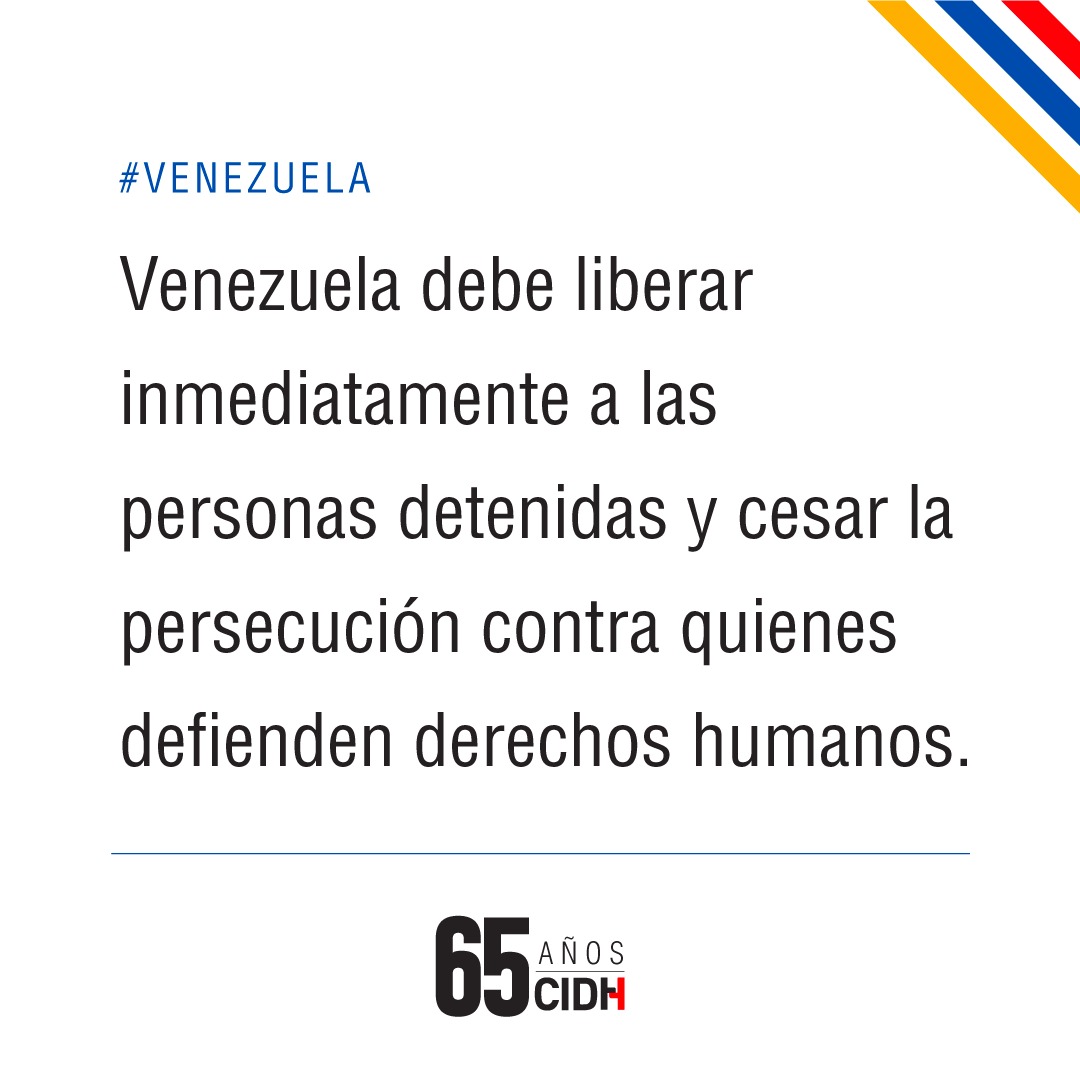 La #CIDH condena la detención arbitraria de manifestantes en #Venezuela durante las jornadas de protesta masivas, incluyendo las de hoy, en el marco de la crisis postelectoral. En especial de las personas defensoras de #DerechosHumanos Kennedy Tejeda y Freddy Ferrer.
